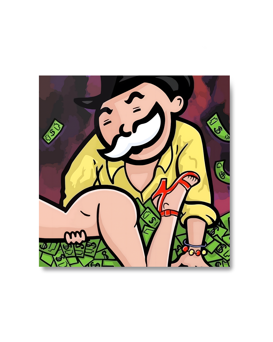 Hombre rico en dinero, Monopoly Four, con una pierna femenina sobre billetes verdes.