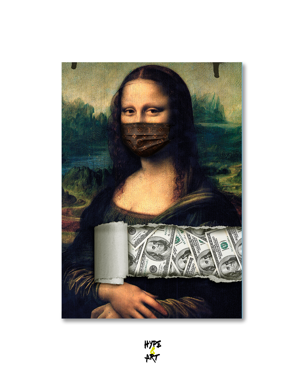 La Mona Lisa con máscara y dinero, arte pop, fondo de paisaje nebuloso.