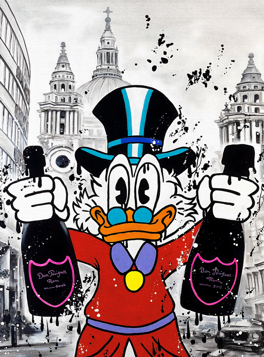 Tío Gilito celebra con botellas de champán, edificios de Londres y fondo blanco.