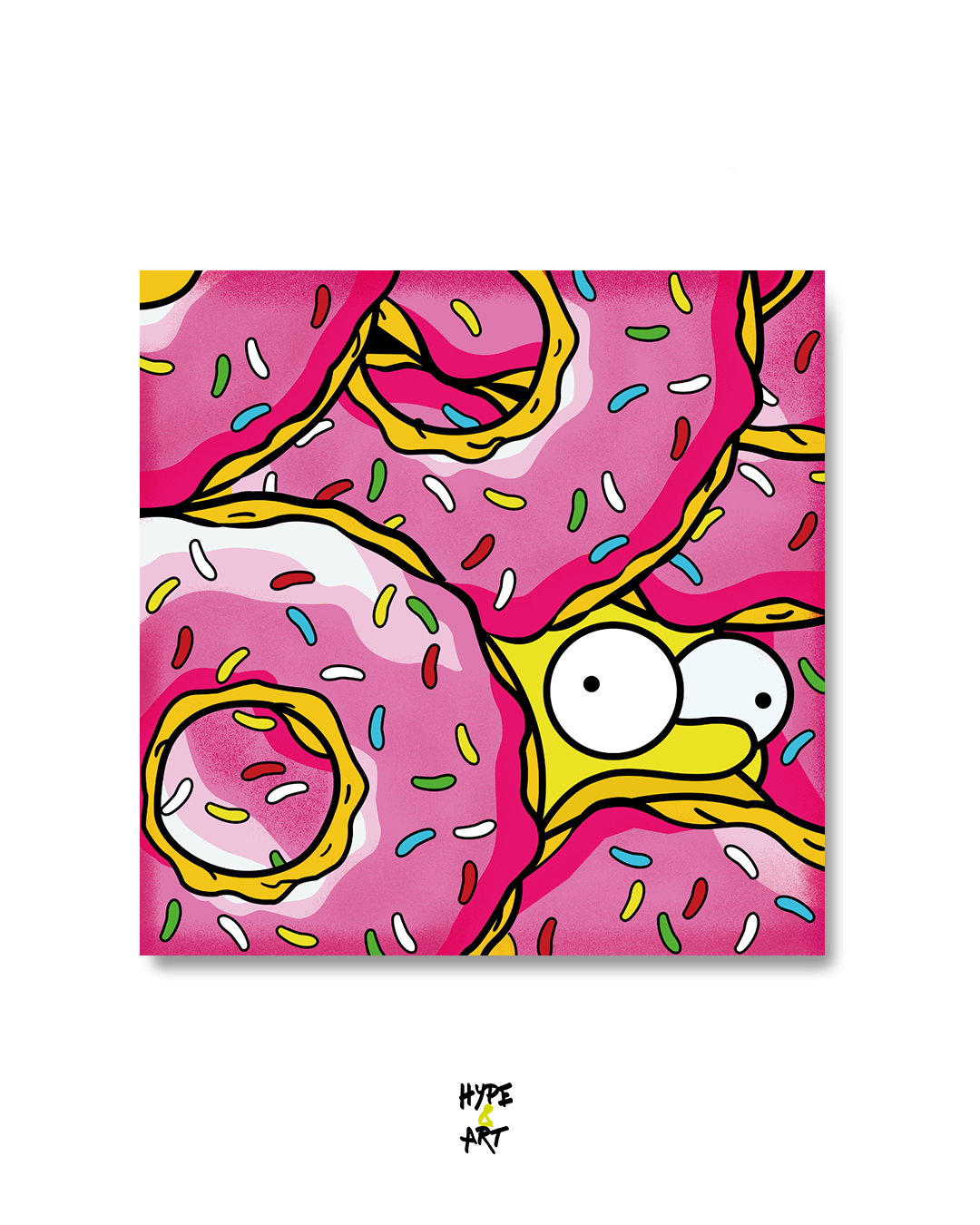 Homer Simpson escondido entre un montón de donas rosadas con chispas de colores.