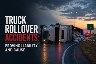 truck rollover accidents — overturned tractor-trailer on a highway ramp showing cargo and high center of gravity