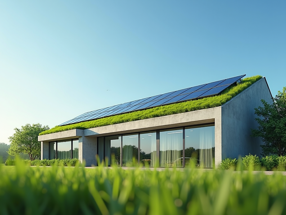 Eye-level view of a modern house with solar panels on the roof