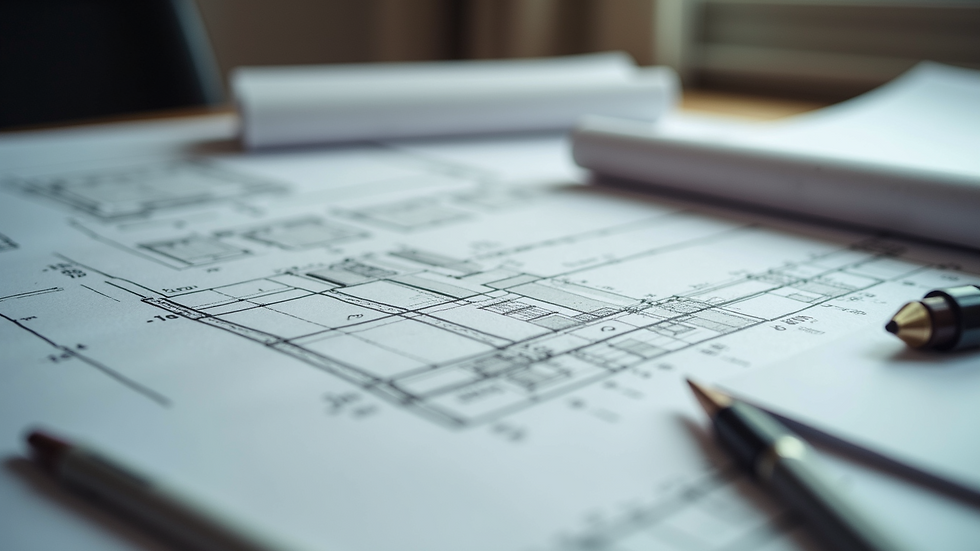 High angle view of architectural blueprints and design tools on a desk