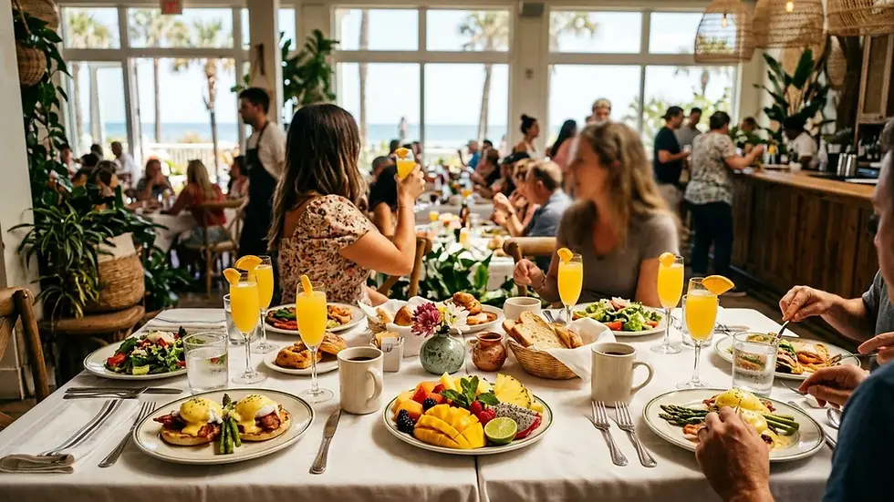 St Augustine Florida brunch weekend morning table with mimosas and eggs at a bright coastal restaurant