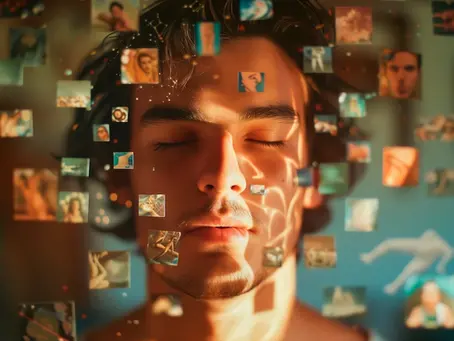 small images over a man's face representing the parts of himself he is learning to love