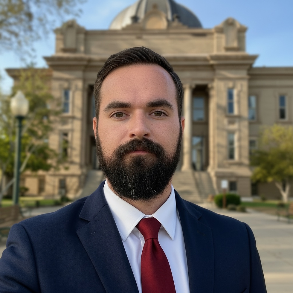 Portrait headshot of Parker Stallings II in a navy suit and red tie, standing in front of a courthouse, square crop, focus on face, bright and professional, campaign style.