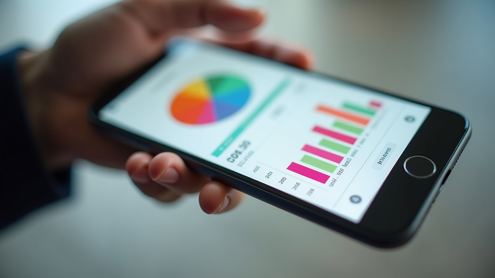 Eye-level view of a smartphone displaying a budgeting app with colorful charts