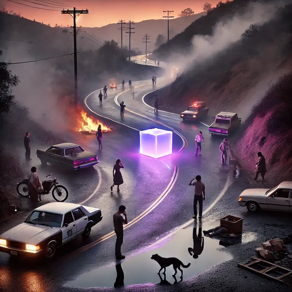 A surreal scene unfolds on a winding road as a glowing cube captivates a gathering crowd amidst scattered cars, smoke, and patches of fire, creating an atmosphere of mystery and intrigue in the twilight.