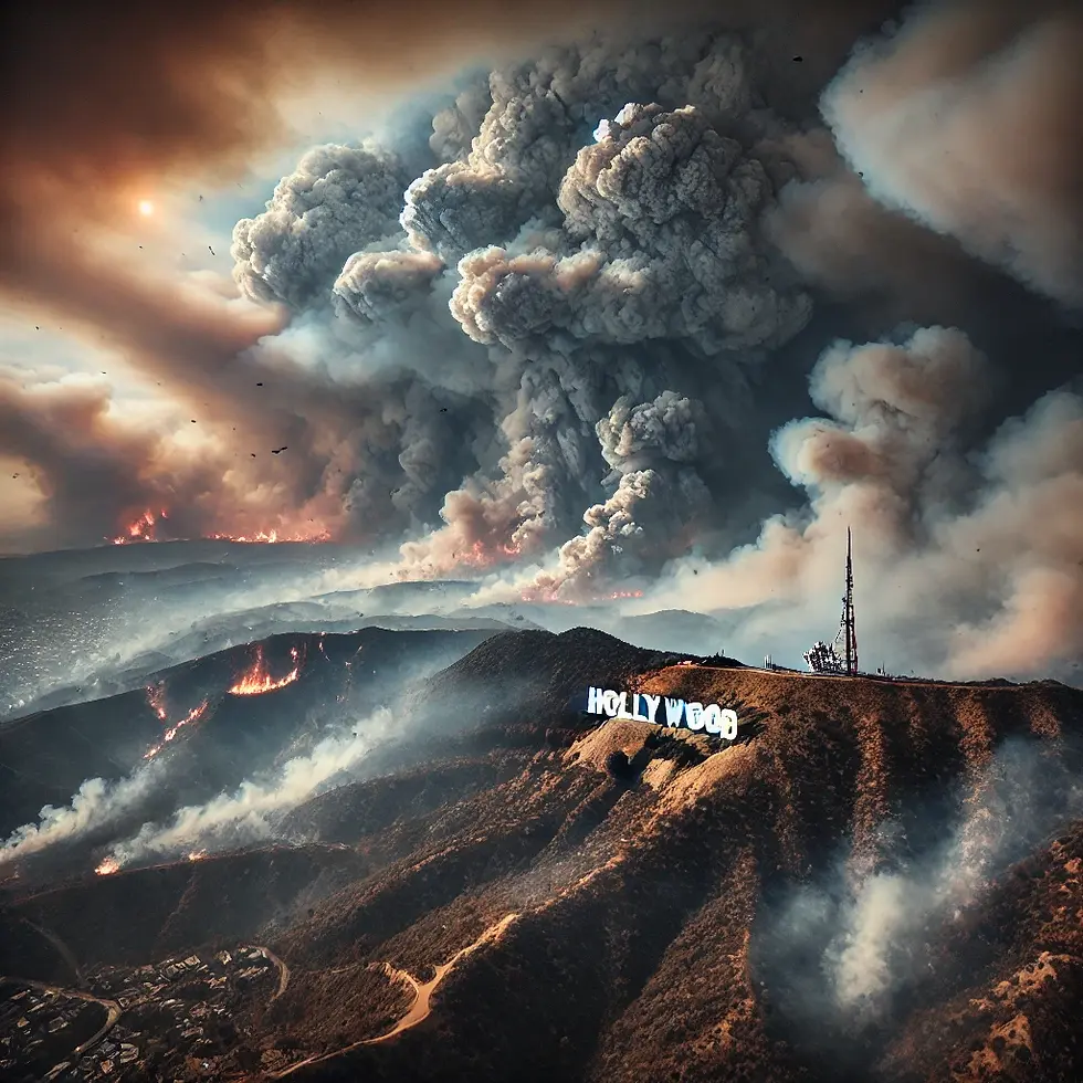 Smoke and flames rise ominously behind the iconic Hollywood sign as wildfires rage through the hills, casting a dramatic and eerie scene over Los Angeles.