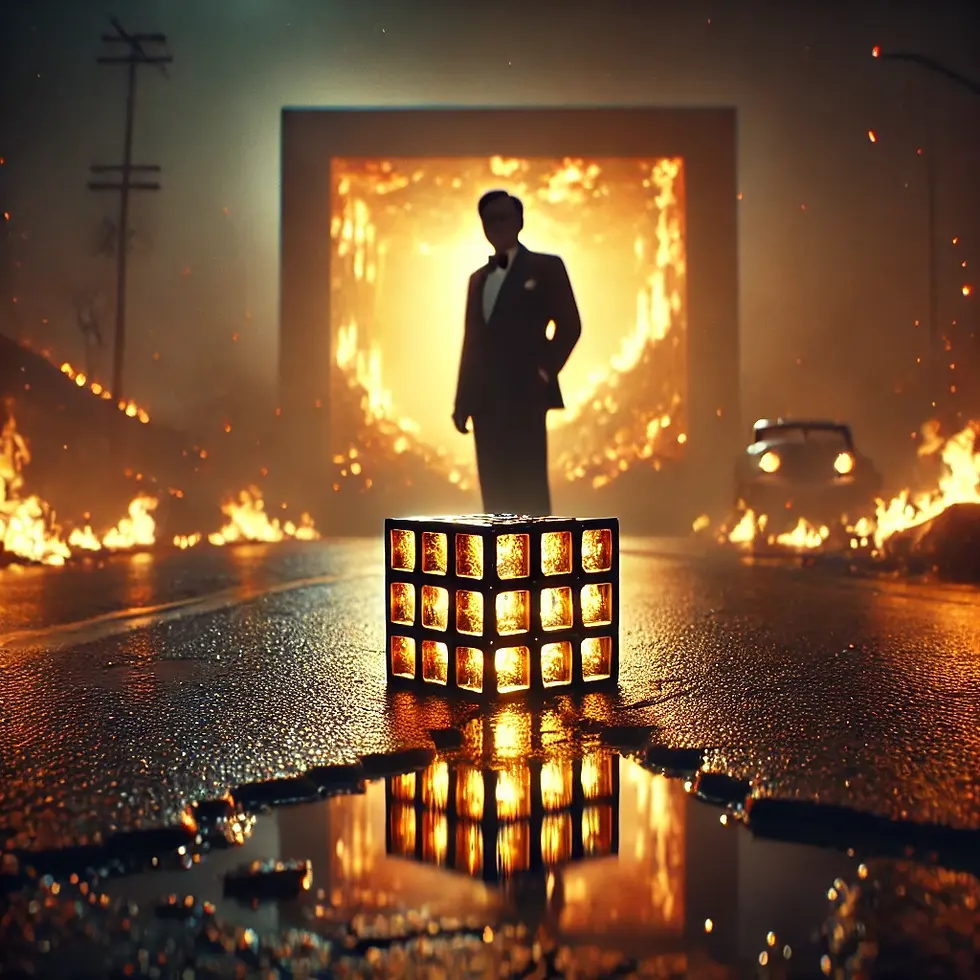 A mysterious figure stands amid a fiery landscape, with a glowing cube reflecting in the wet pavement, evoking an atmosphere of intrigue and suspense.