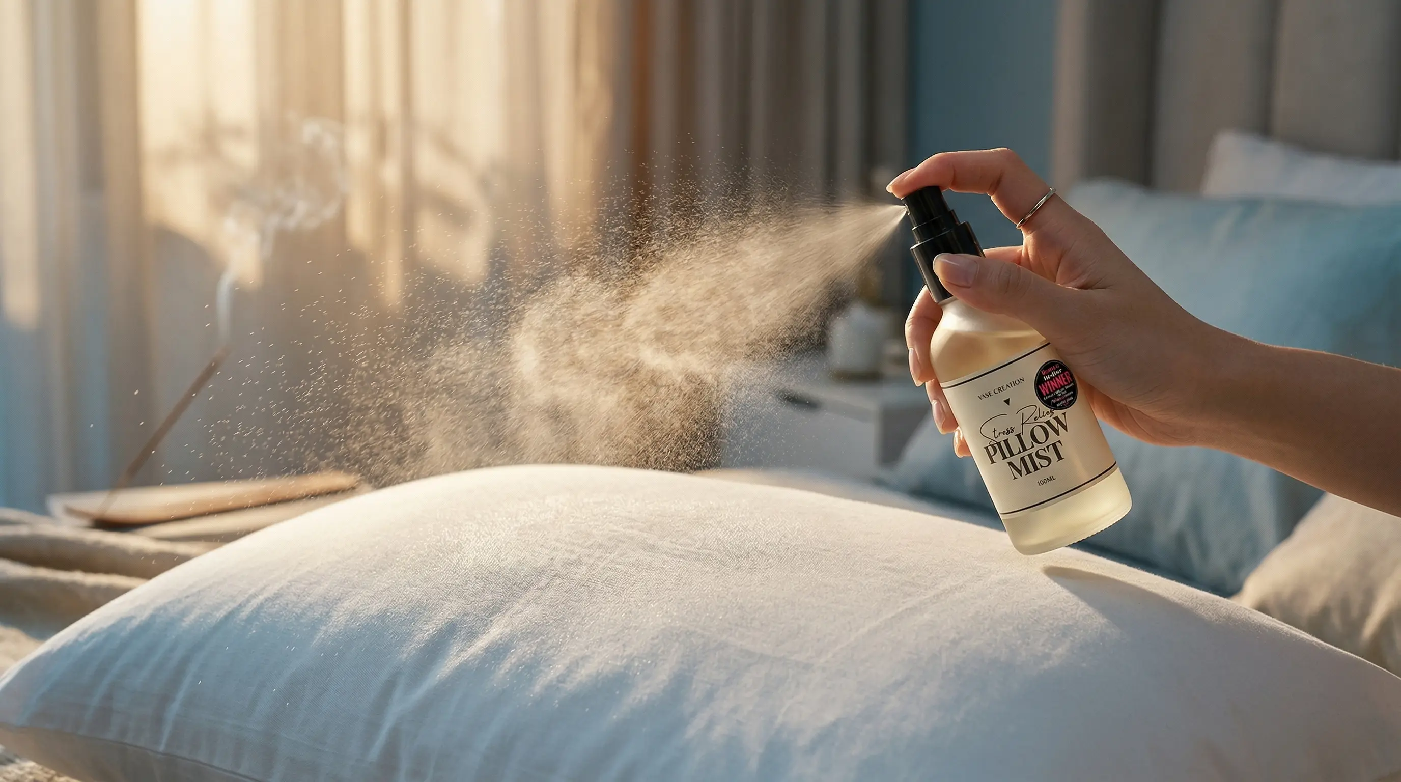 Spraying pillow mist on a pillow