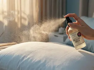 Spraying Pillow Mist onto a white pillow 