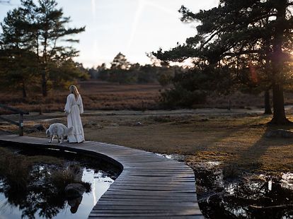 Frau im cremefarbenen Kleid und ihr Golden Retriever gehen auf einem Steg vom Fotografen weg