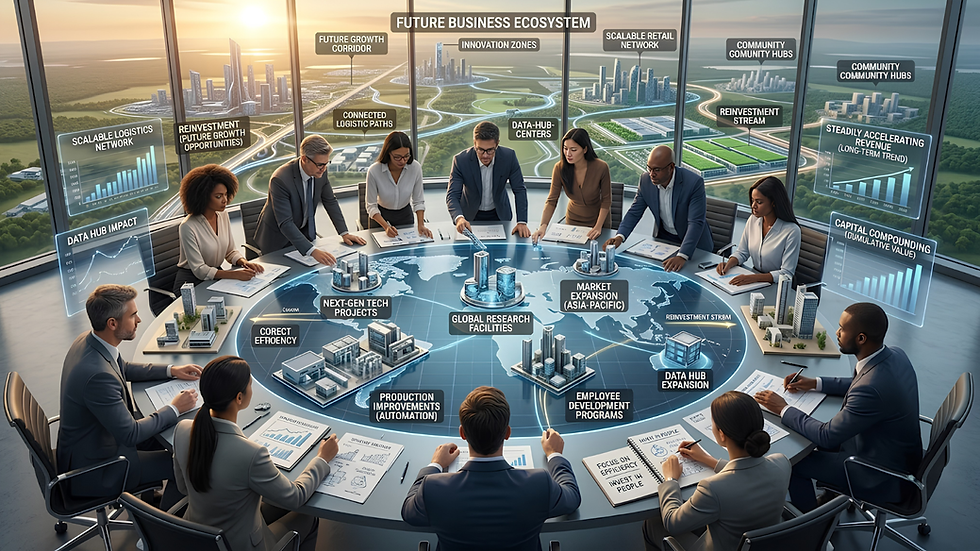The business management team in a glass tower studies a glowing future city plan around a round table, with charts and labels on the display to allocate capital.