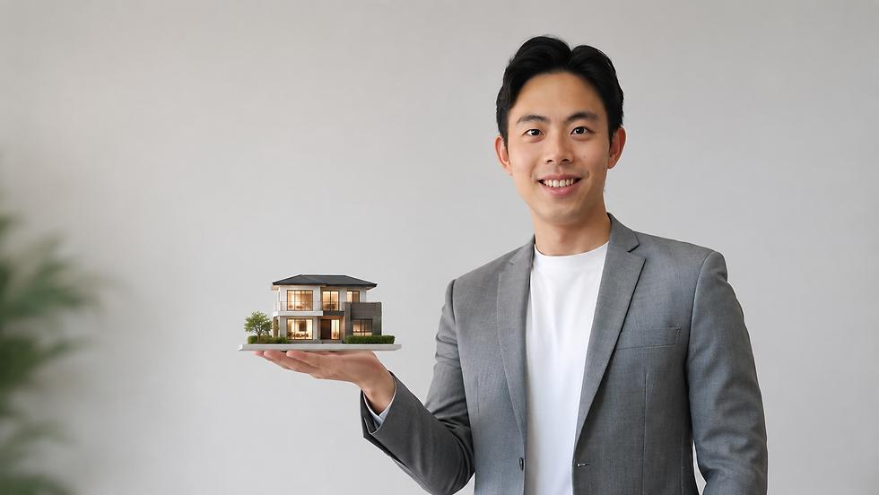 Benjamin Tan, in a grey blazer, holds a miniature modern house in his palm against a plain light wall.