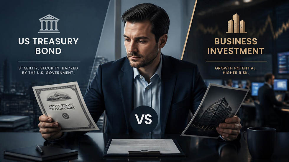 Man in a suit compares US Treasury Bond and Business Investment in a dark office, with VS and risk-return text.