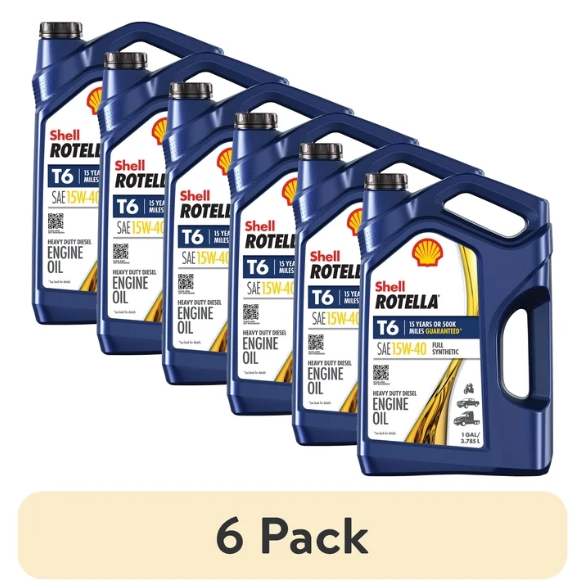 (6 pack) Shell Rotella T6 Full Synthetic 15W-40 Diesel Engine Oil, 1 Gallon