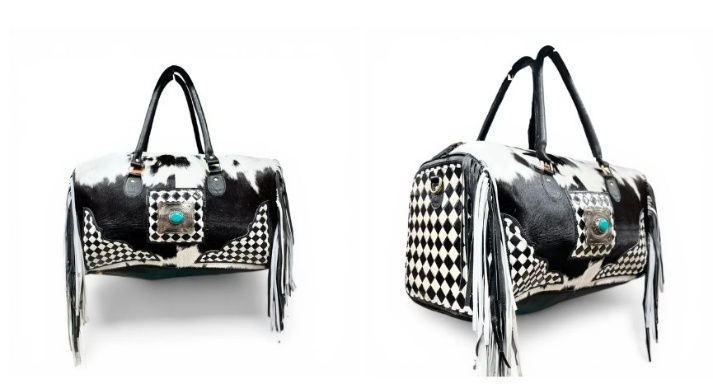 Checker Tooled Leather & Cowhide Fringe Duffle Bag