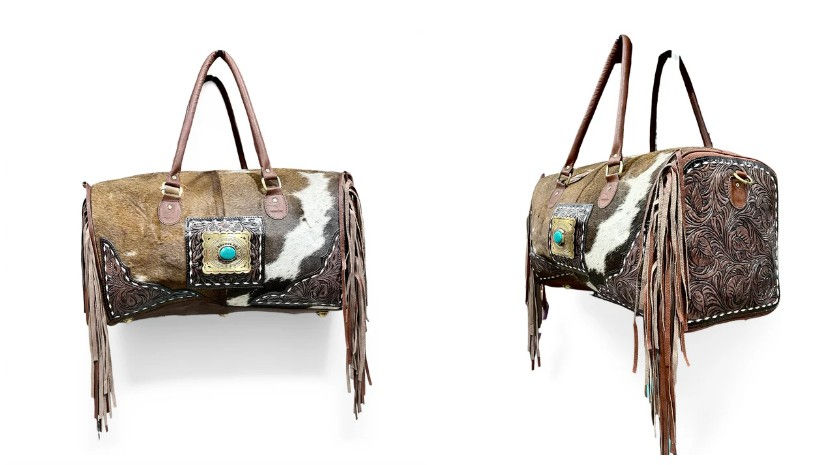 Brown Tooled Leather & Cowhide Fringe Duffle Bag