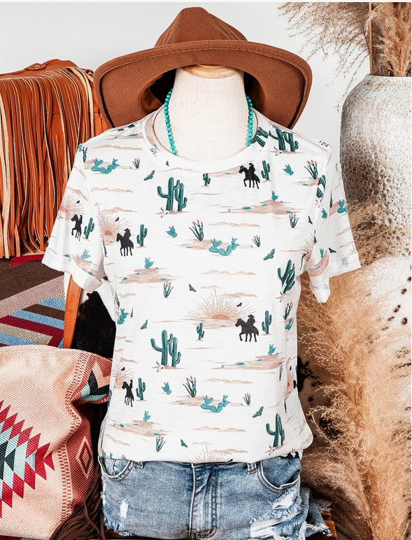 Cactus Print Crew Neck Short Sleeve Top.