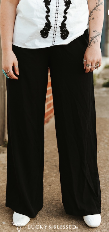 L&B Solid Black Elastic Waste Wide Leg Pant