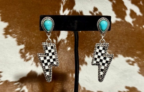 Faux Black and White Checkered Lightning Bolt Stud Earrings