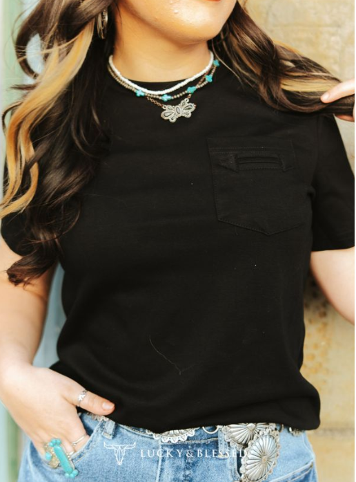 L & B Black Short Sleeve Arrow Pocket Tee