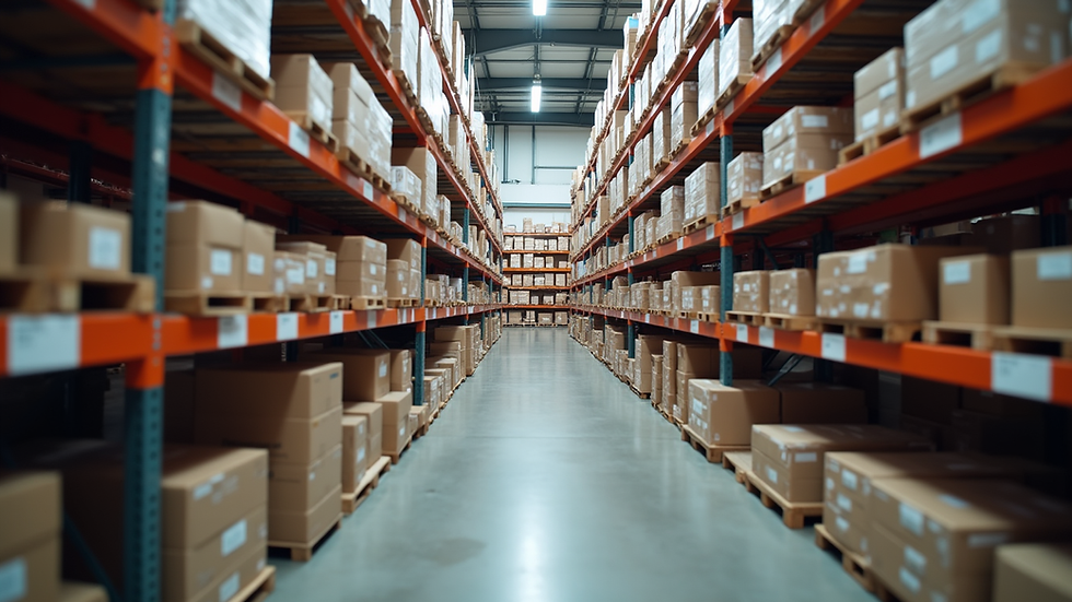 Eye-level view of a warehouse filled with neatly organized product shelves