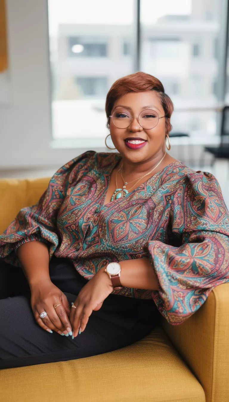 Smiling woman with glasses sits on a yellow couch in a bright office, wearing a colorful patterned blouse.