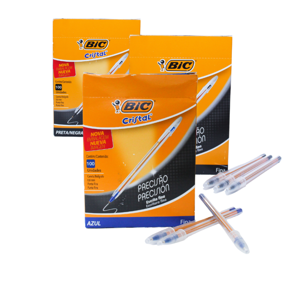CANETA BIC CRISTAL PONTA FINA - PACOTE 100 UNIDADES (AZUL/PRETA/VERMELHA)