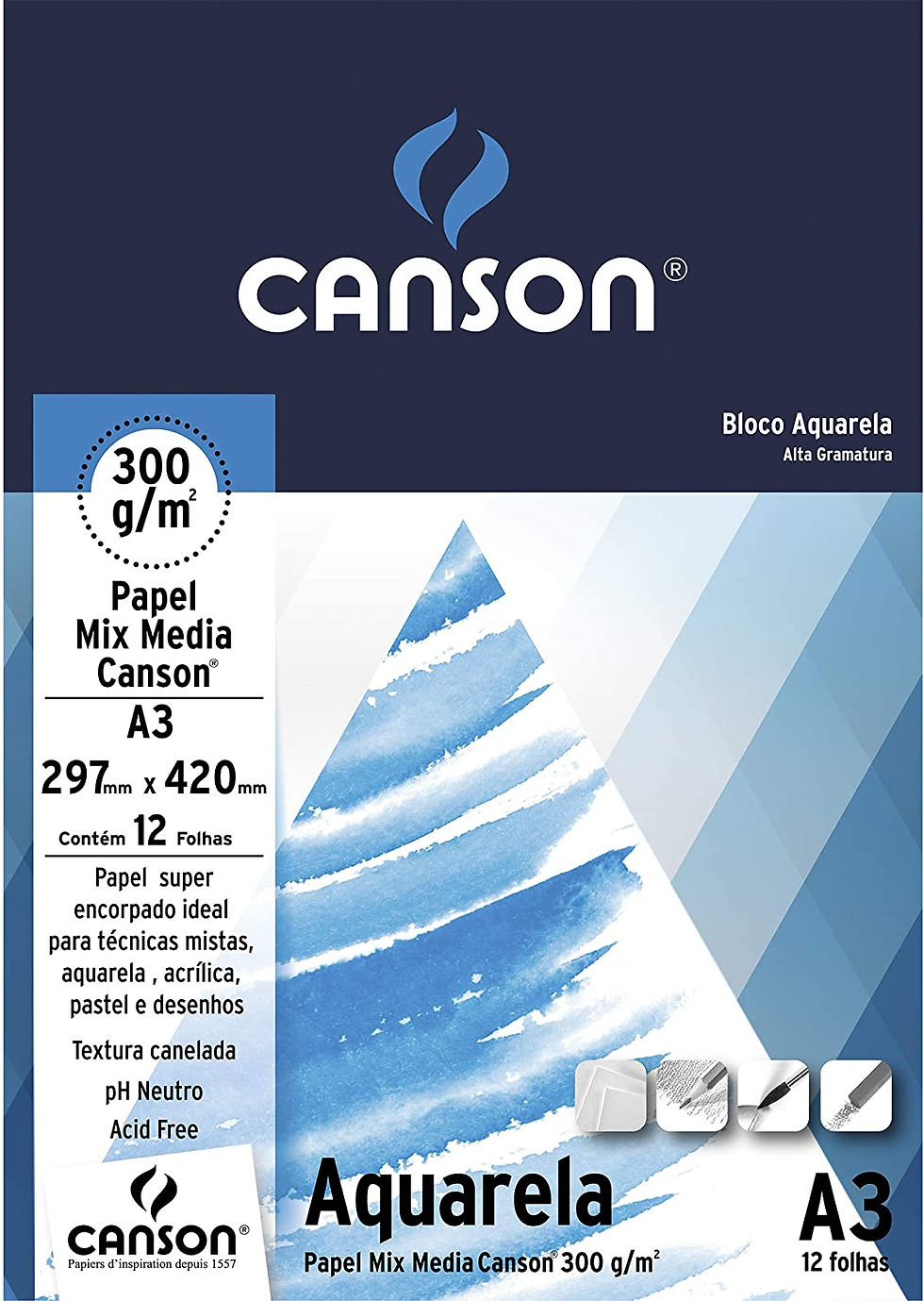 BLOCO PAPEL AQUARELA A3 300G CANSON 12 FOLHAS