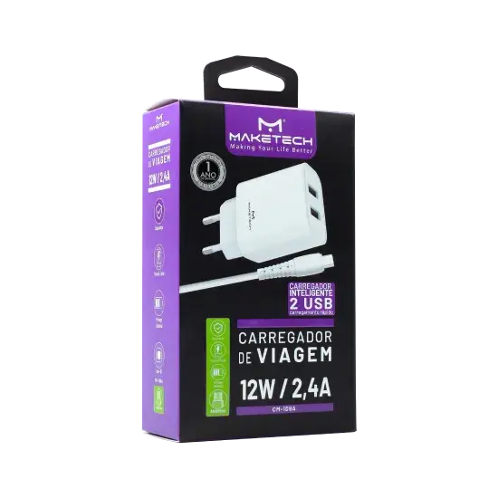 CARREGADOR COM CABO USB LIGHTNING 2.4A BRANCO MAKETECH