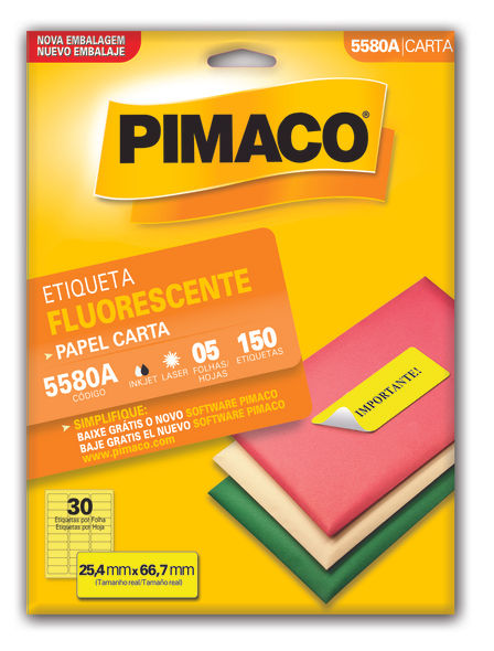 ETIQUETAS ADESIVAS INKJET+LASER CARTA FLUORESCENTE 25,4X66,7MM PIMACO 5 FOLHAS