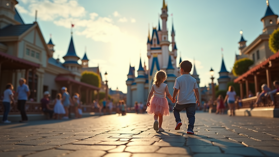 Eye-level view of a family enjoying a Disney park with castle in the background