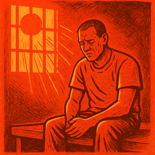 Illustration of an incarcerated man sitting on a prison bed, bathed in harsh red and orange sunlight streaming through a barred window. His posture and expression convey exhaustion and discomfort from extreme heat, reflecting the harsh summer conditions in U.S. prisons.