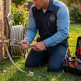 AndPro Plumbing technician repairing an outdoor hydrant and exterior spigot at a Tulsa home — professional outdoor faucet and yard hydrant installation and repair services in Tulsa, Oklahoma.