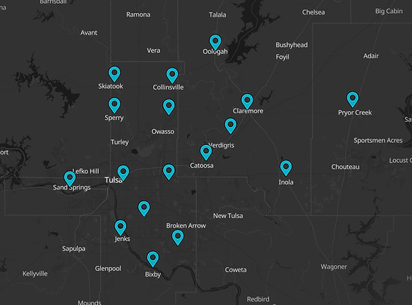 map of AndPro Plumbing offering residential and commercial plumbing services to Owasso, Tulsa, Broken Arrow, and surrounding areas in the greater Tulsa metro