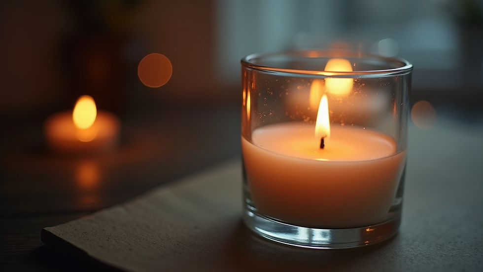 Close-up view of a lit candle with a soft glowing flame in a glass jar