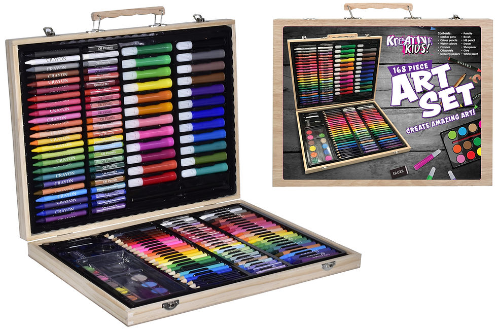 Eye-level view of a beautifully crafted wooden art set with all art supplies displayed