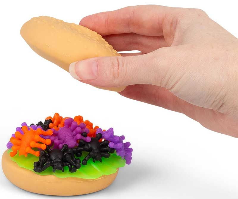 Thumbnail: Hand lifting the bun of a Scrunchems Spider Burger Squishy