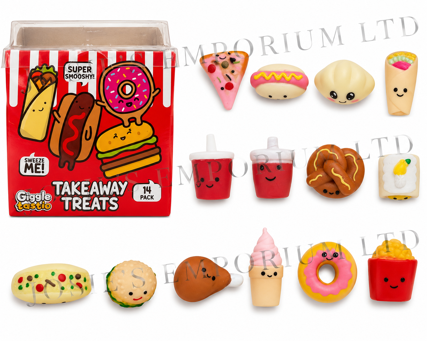 Takeaway Treats Squishy Toy Set with 14 mini slow rising food squishies including burger, donut, pizza, fries, hot dog and ic