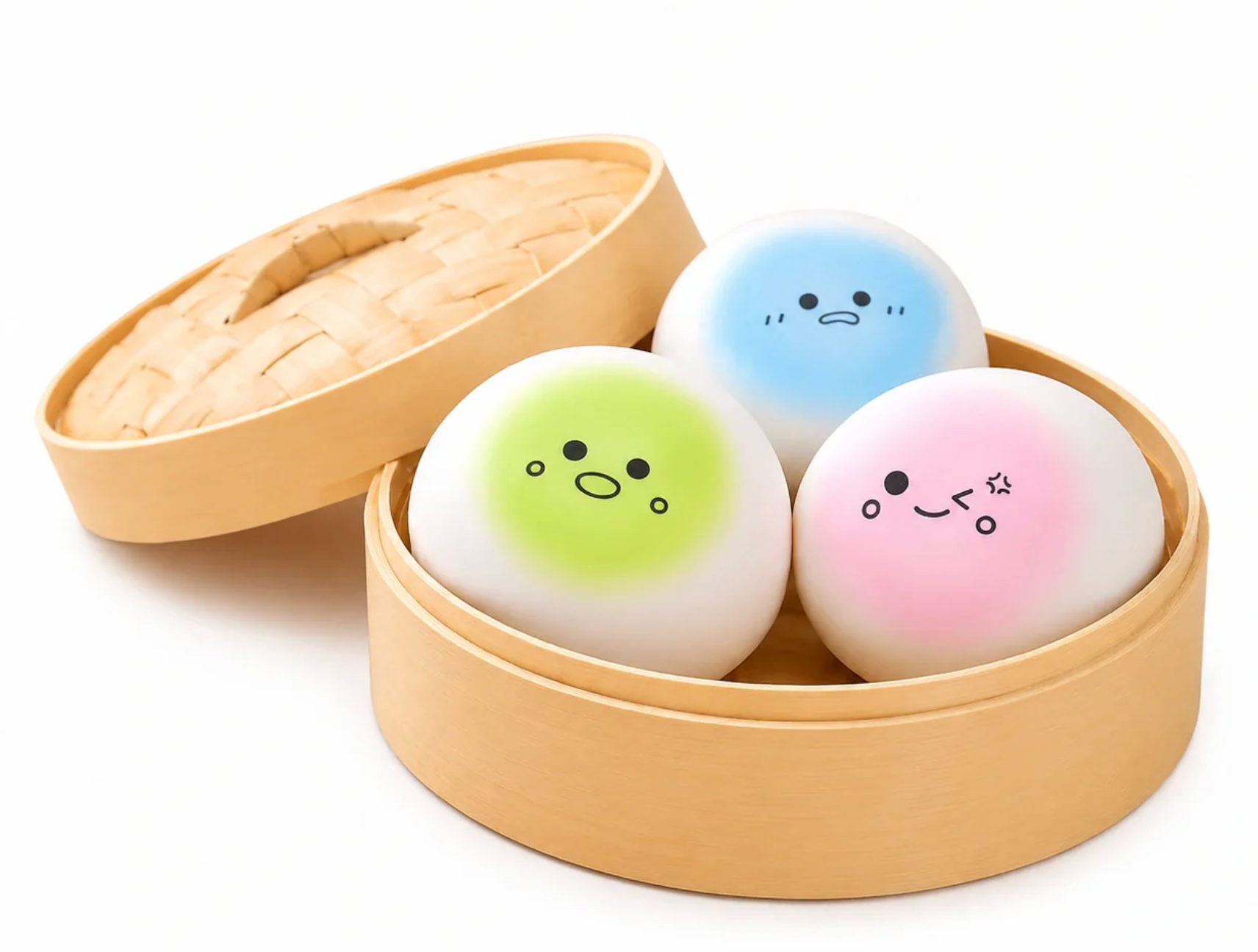 Scrunchems Sensory Dumpling Squishy Set of 3 soft slow rise dumpling squishies in bamboo style steamer basket with cute