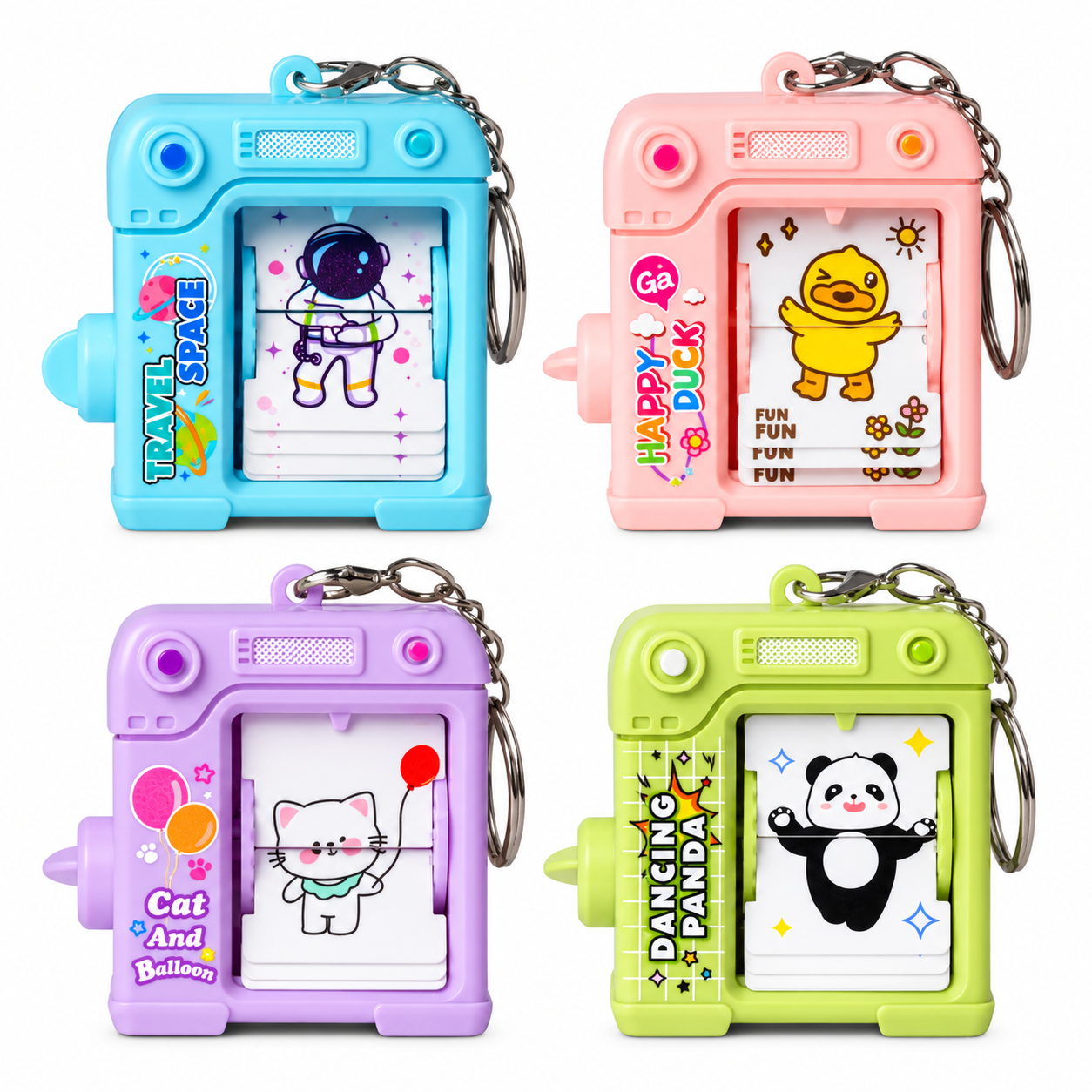 Cute Flip Puzzle Fidget Keyring mini picture puzzle sensory toy in assorted space, duck, cat and panda designs