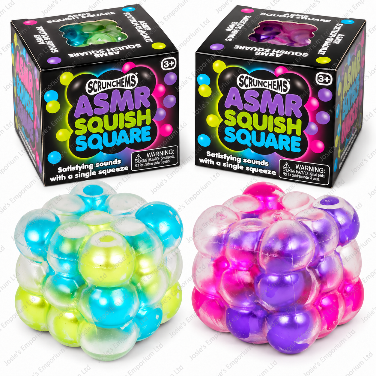 Scrunchems ASMR Squish Square sensory squishy cube in blue green or pink purple with satisfying squeeze sounds