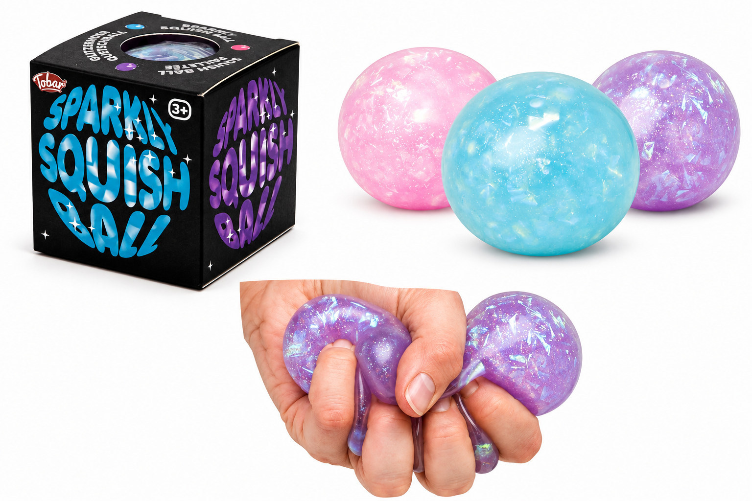 Tobar Sparkly Squish Ball sensory stress ball available in pink, blue and purple
