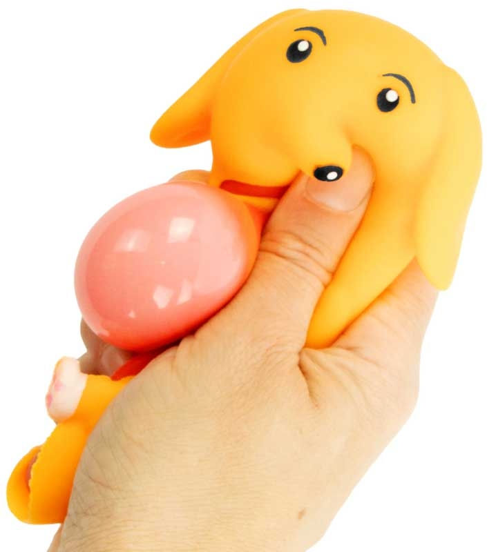 Thumbnail: Keycraft Hot Dog Dog Squeezy Sensory Toy showing yellow puppy in a hot dog and large squeeze-out bubble