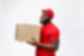 Delivery Concept - Side view Portrait of Happy African American delivery man in red cloth