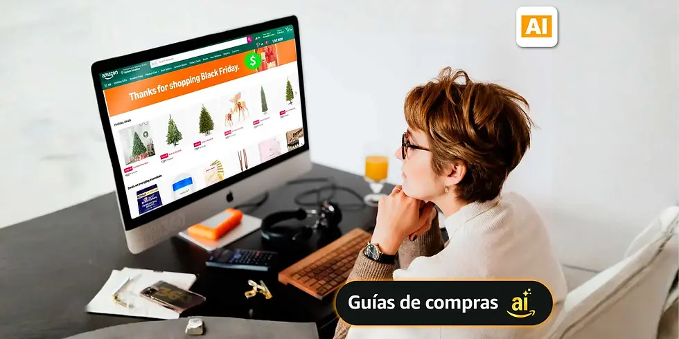 Emprendedor frente al ordenador mientras un asistente de AI Shopping analiza ofertas del Amazon Black Friday
