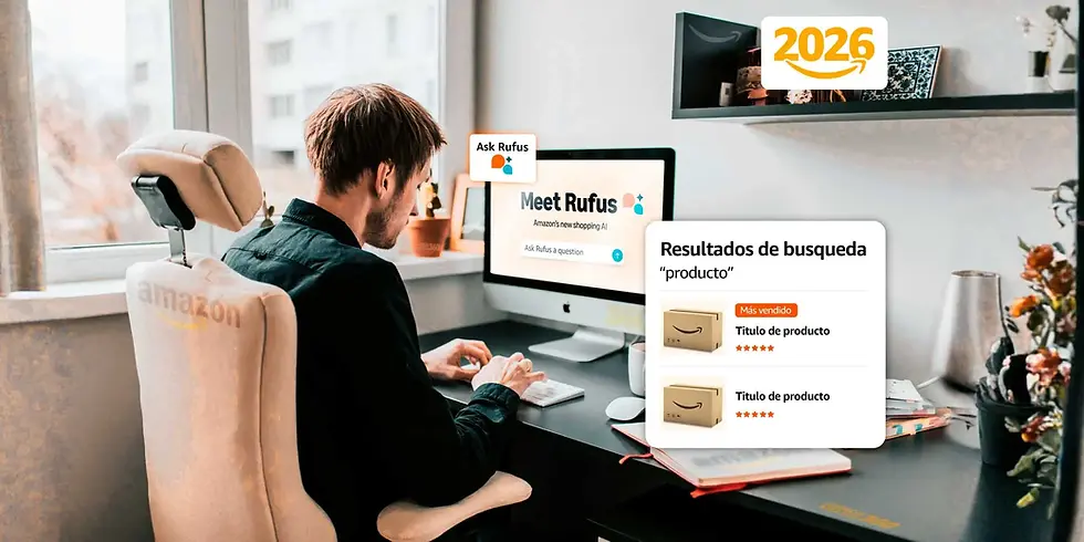 Seller trabajando en escritorio con Rufus mostrando resultados de búsqueda Amazon 2026 — estrategia SEO conversacional en Amazon