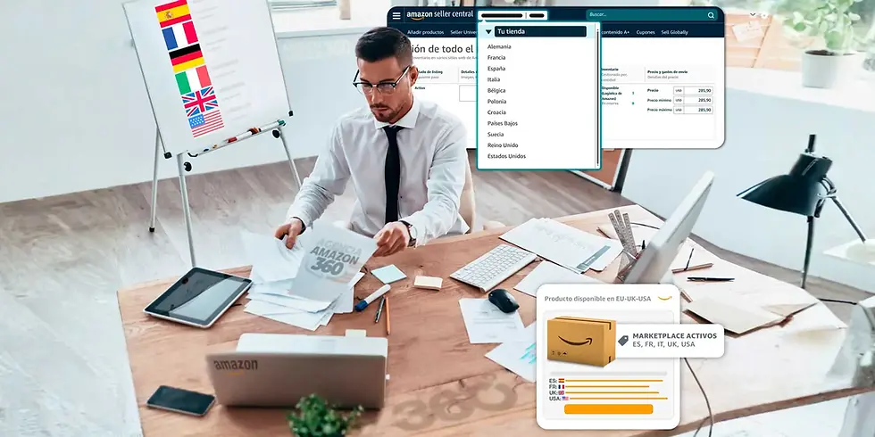 Agencia especializada Amazon gestionando la internacionalización en Amazon Seller; marketplaces activos en EU, UK y USA en pantalla